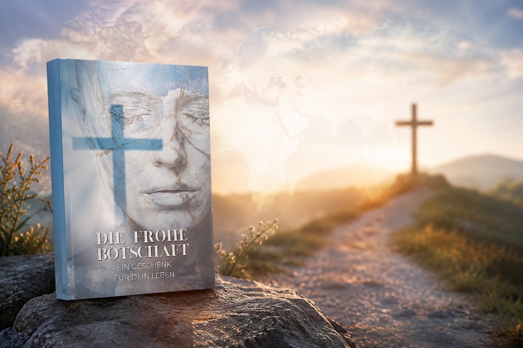Geschenkbibel auf einem Stein am Weg – im Morgenlicht führt ein Pfad zu einem Kreuz auf dem Hügel