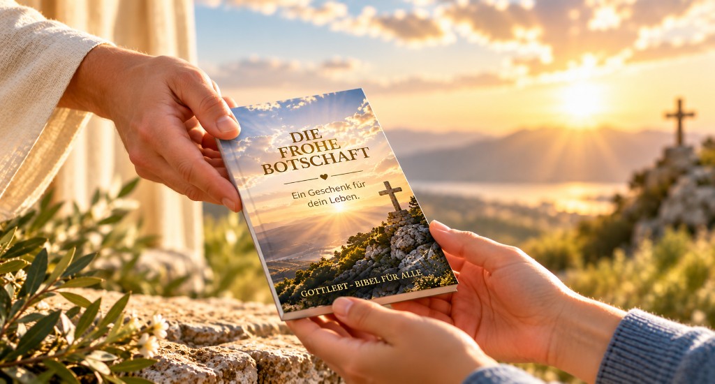Zwei Hände reichen sich die Geschenkbibel „Die frohe Botschaft“ – Ein Geschenk für dein Leben