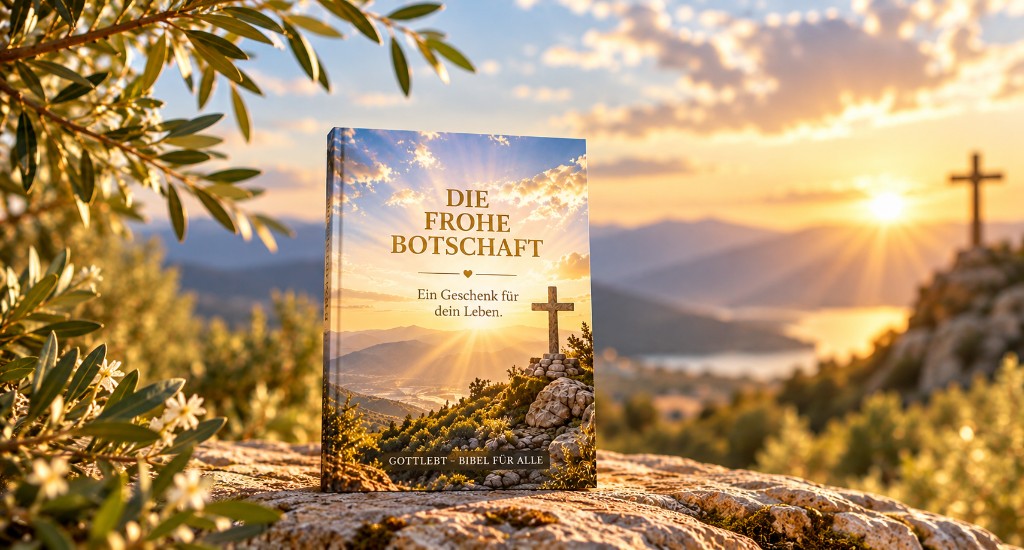 Geschenkbibel „Die frohe Botschaft“ – Cover im Morgenlicht vor Landschaft und Kreuz