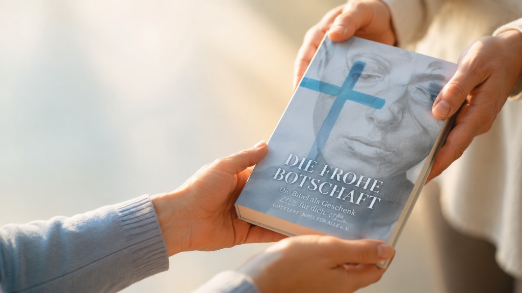 Zwei Hände reichen sich die Geschenkbibel „Die Frohe Botschaft – Die Bibel als Geschenk“